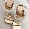 Sandals Square Toe Pearl Strap High Heel Slippers Open Slip On Thin Heels Golden Beaded Hollow Strappy Mules Shoes 9CM