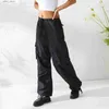 Jeans femeninos sueltos en forma recta pantalones strtwear de moda pantanos para hombres para mujer, correa de cordón de cintura baja, diseño de bolsillo múltiple y240408