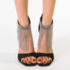 Sandaler Crystal Rhinestone Tassel Women Sexy 11cm High Heels Black Open Toe Ankle Strap dragkedja damer Party Dress Shoes