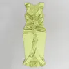 Robes décontractées jaunes en V femme en V Long robe longue 2024 Elegant Sans manches en manches lâches à volants à la hanche