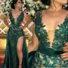 Vestidos árabes vestidos de baile verde escuro e vestidos de renda de renda com longa noite vestidos de noite com saia v pesco