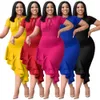 Summer Solid Color Ruffe Bodycon Dress Women Casual Ruched Nieregularna praca na imprezę Wedding Długość 240329