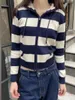 Women's Knits Navy Stripes Slim Sweater Cardigan Autumn Drawstring Hooded Long Sleeve Coat 2024 Y2k Vintage Casual Fashion Cotton Sweaters