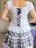 Women Kawaii Corset Tops 2000s Tshirt koronkowe wykończenie vintage guziki v szyja szczupła koszulka Y2K koszulki Harajuku 240326