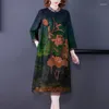 Casual Dresses 2024 Fashion Silk Mulberry Dress Women's Autumn Vintage Embroidery Standing Collar 3/4 Sleeve Loose Fit Leisure Vacatio