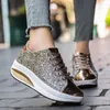 Casual Shoes For Women Fashion Sequined Lace-Up Round Toe Wedges Platform Bekväm kvinnors skor Zapatillas de Mujer