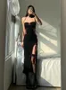 Altgoth Gothic Dark Midi Kleid Frauen Vintage Märchen Grunge Punk Y2K süße Spaghetti -Straße hohl aus Korsettkörperkleid 240319