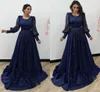 Abito da sera formale blu scuro blu scuro Scoop per maniche lunghe con maniche lanterne Appliques in pizzo Prom Pagenat Party Gowns Arabic Dubai Robe de Soiree