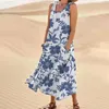 Casual Dresses Vintage Floral Cotton Linen Dress for Women 2024 Overdimensionerad Long Beach sundress Loose Tank Shirt Summer med fickor