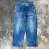 Jeans femininos Trendy Retro Blue Cartoon Bordado Straight Pants Straight Punk Y2K Design Casual Avançado Versátil Versátil