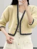 2023 Autumn/Winter New Women's Yellow Seahorse Hair Sticked Cardigan Högkvalitativ V-ringning Singel Breasted Women's Wool Cardigan