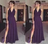 2019 Halter Purple Long Evening Jurken v Neck Mouwloze Chiffon Side Split goedkope bruidsmeisje jurken feest prom jurken9532064