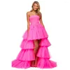 Party Dresses Sexig Fuchsia Tulle Cascading Ruffles Evening Strapless Prom Gowns High Low Formal Dress Vestidos de Fiesta