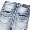 Jeans masculino azul perfurado letra de ritmo bordado jeans de jeans pequeno elástico elástico de jeans de jeans de jeans