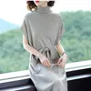 Party Dresses 2024 Women's High Neck Belt Waist Pocket Autumn Winter Short Sleeve Split Knitted Loose Casual Sweater