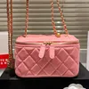 Designer Women Mini Vanity With Chain Trunk Bag Quilted Lambskin Leather Shoulder Bags Lady Makeup Case Cosmetic Box Gold Ball Weave Chains Strap Crossbody Handbag