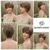 HAIRCUBE Short Pixie Cut Straight Brown Highlight Synthetic Hair for Women Men with Bangs Daily Cosplay Heat Resistant 240327