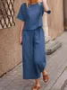 Womens Cotton Linen Suits Tracksuit Casual Long Pants Set Short Sleeve Shirt Cropped 2 Piece S Loose Trouser 240408