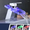 Bathroom Sink Faucets LED Waterfall Faucet FantasyLED Glass Spout Basin 3 Colors Changing Single Handle 1 Hole