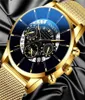 Luxury Men039S Fashion Business Calendar Watches Blue Rostfritt Steel Mesh Belt Analog Quartz Watch Relogio Masculino Mens Watc6214328