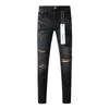 Calça feminina Marca roxa Jeans de alta qualidade 1: 1 2024 Tide Moda Slim Street Paint Ripped bezerro preto