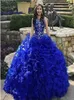 2020 Cascading Ruffles Royal Blue Quinceanera Sukienki klejnot szyi kryształ organza słodka 16 sukienka z opłatą Crown Vestido6307801