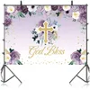 Party Decoration First Holy Communion Doping Banner God Bless Theme Backdrop Purple Floral Baptism Birthday Girls Baby Shower Decor