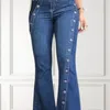 Femmes plus taille haute taille jeans vintage décontracté mince pantalon pantalon de mode décor broute de fût