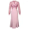 Casual Dresses Celebrity Retro Long Dress Women's Sweet Elegant Pink Twisted Sheer Lace SPICED Ruffles Fishtail Robe Party Banquet Vestidos