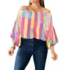 Dames blouses dames zomer top gestreepte afdrukken uit schouderblad patroon lantaarn mouw batwing pullover blouse vrouwelijke kleding