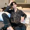 200 Catties Ice Silk Long Sleeves Nightwear Men Pyjamas Set Spring Autumn Leopard Grain Lounge Satin Male Sleep Clothing Night S 240329