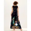 Casual Dresses Women Maxi Black Mysterious Theatre Print Sleeveless V-Neck Ankle Dress