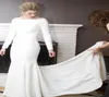 2020 Novo vestido de noiva modesto de sereia crepe com decote de barco de mangas compridas simples botões de vestidos de noiva elegantes