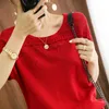 Tshirt womens summer round neck sweater casual top loose solid color pullover large size cotton short slee 240409