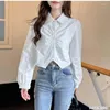 Blusas femininas 2024 Shirming chique curto tops mulheres coreanas japão flhjlwoc estilo dobra vintage blusa de algodão Botão fofa de botão branca
