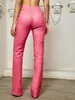 Frauenhose 2024 PU Leder Flare für Frauen Naht Details ausschneiden Reißverschlusshosen rosa Mädchen Mode lässig gehen