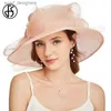 Wide Brim Hats Bucket Hats FS Beige White Organza Wide Brim Sun Hats For Women Church Hats Women Elegant Kentucky Derby Hat Ladies Big Bow Fedora Y240409