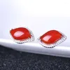 Stud Earrings 925 Pure Silver Natural Agate Jade Big Red Women