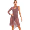 Stage Wear Dames Lyrical Dance Dress Single Mesh Long Sleeve Rhinestone Ballet Gymnastics Agtard Ballroom Figuur Skating Kostuum