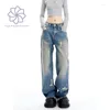 Women's Jeans Autumn Winter American Vintage Washed Wome Straight Tube Loose Wide Leg Light Blue Trouser Denim Pants