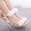 Kleding schoenen kristal koningin vrouwen witte kanten bloem bruidspompen bruiloft piepen piepen sandalen gespogriem dunne sexy hoge hakken h240409