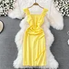 Casual Dresses Summer Korean Fashion Women Dress 2024 Retro Square Collar Pleated Shoulder Empire Slim Fit Knee Length Evening Party