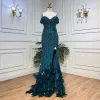 Prom Green Mermaid Sexy High Split Off Axel Evening Dresses Feather Pärlade klänningar Långt för Women Party