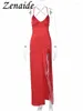 Abiti casual Zenaide High Sli diviso in raso lungo vestito lungo bendaggio Banghetti Cinghia sexy V Neck Maxi Party Prom Club Women Spring 2024