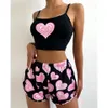 Women's Two Piece Pants New Style 2 Pieces Casual Heart Print Spaghetti Strap Pajamas Set Women Crop Top & Short Sets Sleepwear Lady Home Loungewear