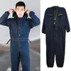 Unisex overaller denim förtjockar jeans jumpsuit huva dammsäker anti-fouling övergripande arbetsliten lastbyxor s-4xl 240409