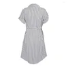 Casual Dresses Women's Dress Autumn Drawstring Mini Party Night Short Sleeve Stripe Print Lapel Shirt Single Breasted Sundress