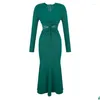 Basic Casual Dresses French Elegant Long Dress Women Retro Green Elastic Twist Diamond Bodycon Ruffles Fishtail Robe Party Banquet Ves Dhbwd