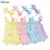 Ensembles de vêtements Visgogo Baby Girls Vêtements Ensemble manche de couleur de couleur solide Tops TrawString Pantalon Band 3 pcs Summer Tenues décontractées