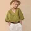 100% linne damer Loose Vneck Half hylsa Tshirt Summer Womens Classic Simple Casual Chic Pullover Tops 240409
